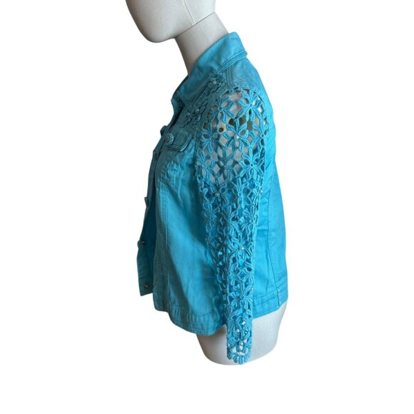 Just B Turquoise Eyelet Embroidered Jacket Size S | Floral Lace Sleeves & Beaded - Picture 6 of 10